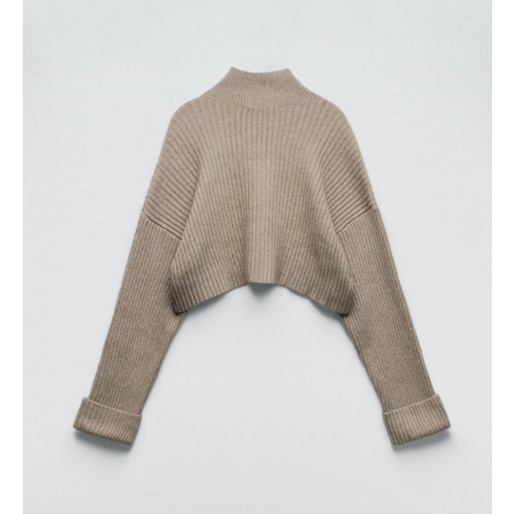 ZARA Ribbed Oversized Crop Length Cuffed Sleeved Mock Neck Sweater in Taupe - Picture 5 of 11